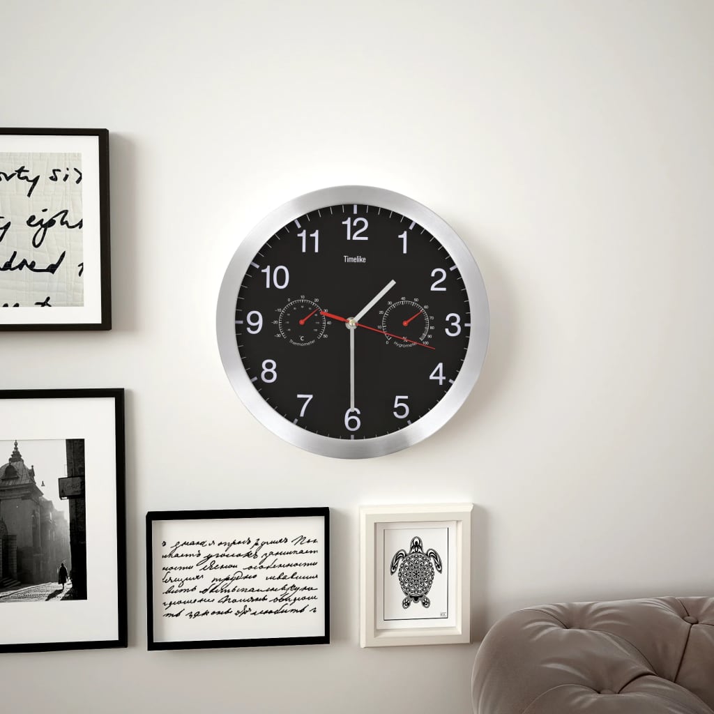 Wall Clock with Quartz Movement Hygrometer Thermometer Black - Decor Base
