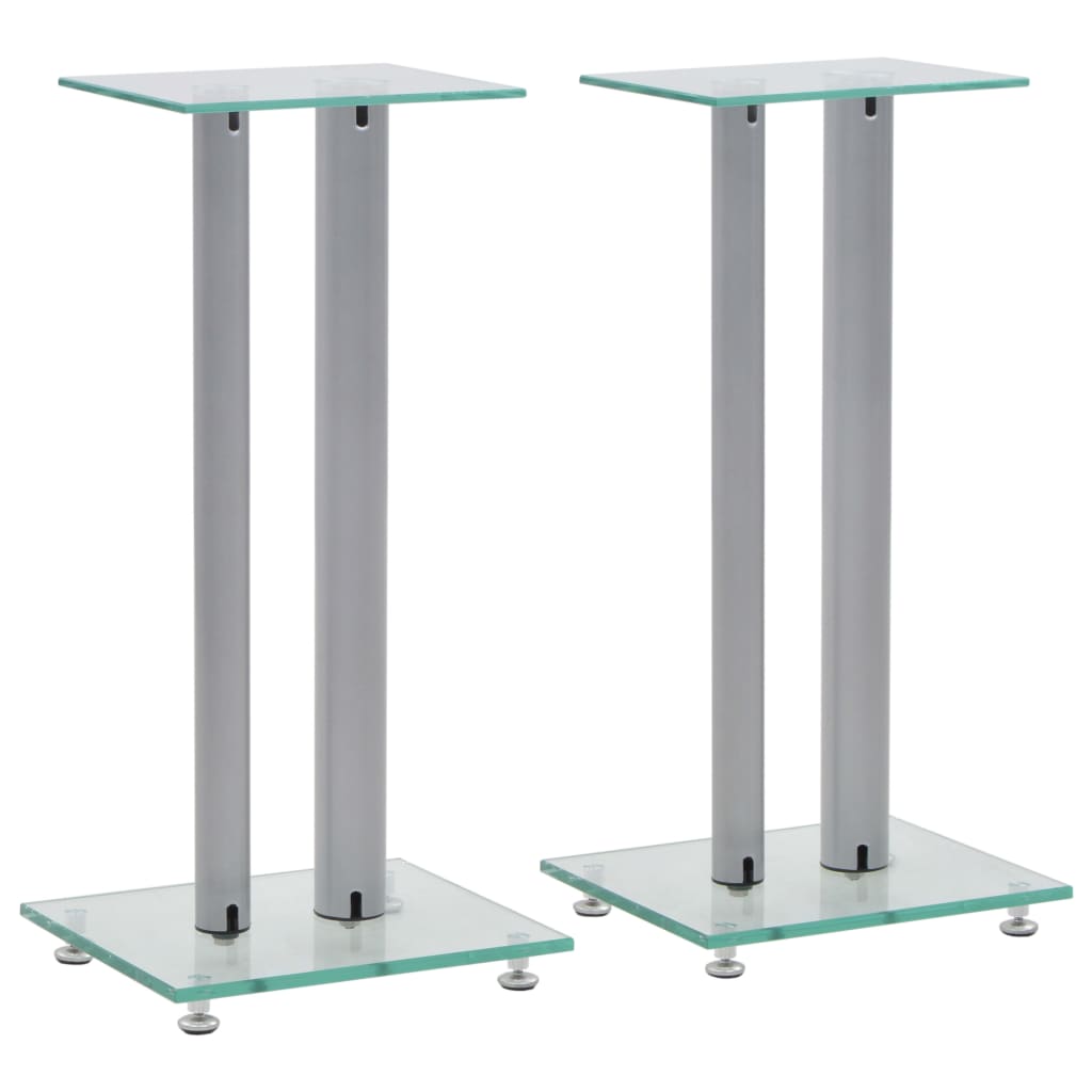 Speaker Stands 2 pcs Tempered Glass 2 Pillars Design Silver - Millennium Furniture