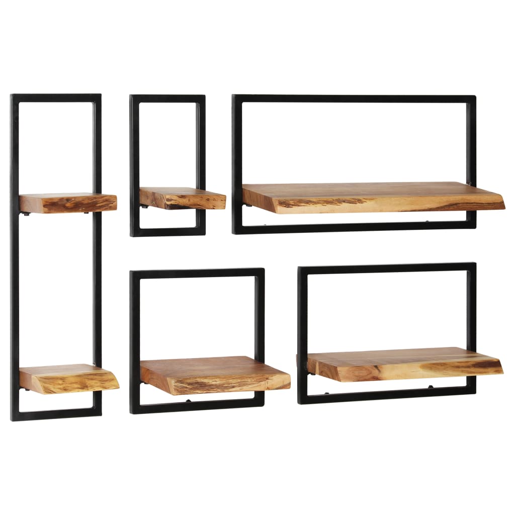 Wall Shelf Set 5 Pieces Solid Acacia Wood and Steel - R and M Furniture
