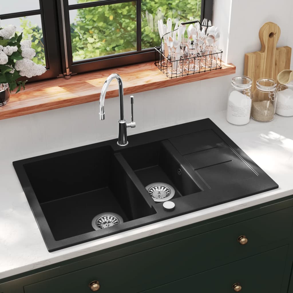 Granite Kitchen Sink Double Basin Black - Merkel Designers