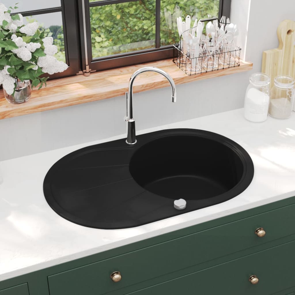 Granite Kitchen Sink Single Basin Oval Black - The Home Maker