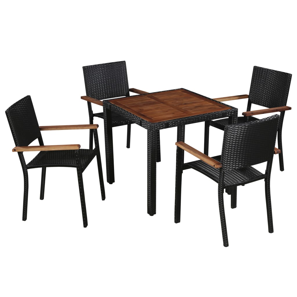 5 Piece Outdoor Dining Set Poly Rattan and Acacia Wood Black - Merkel Designers