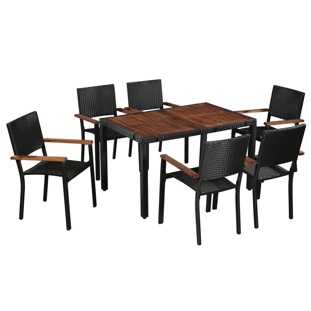 7 Piece Outdoor Dining Set Poly Rattan and Acacia Wood Black - Tyrell & Tyrell