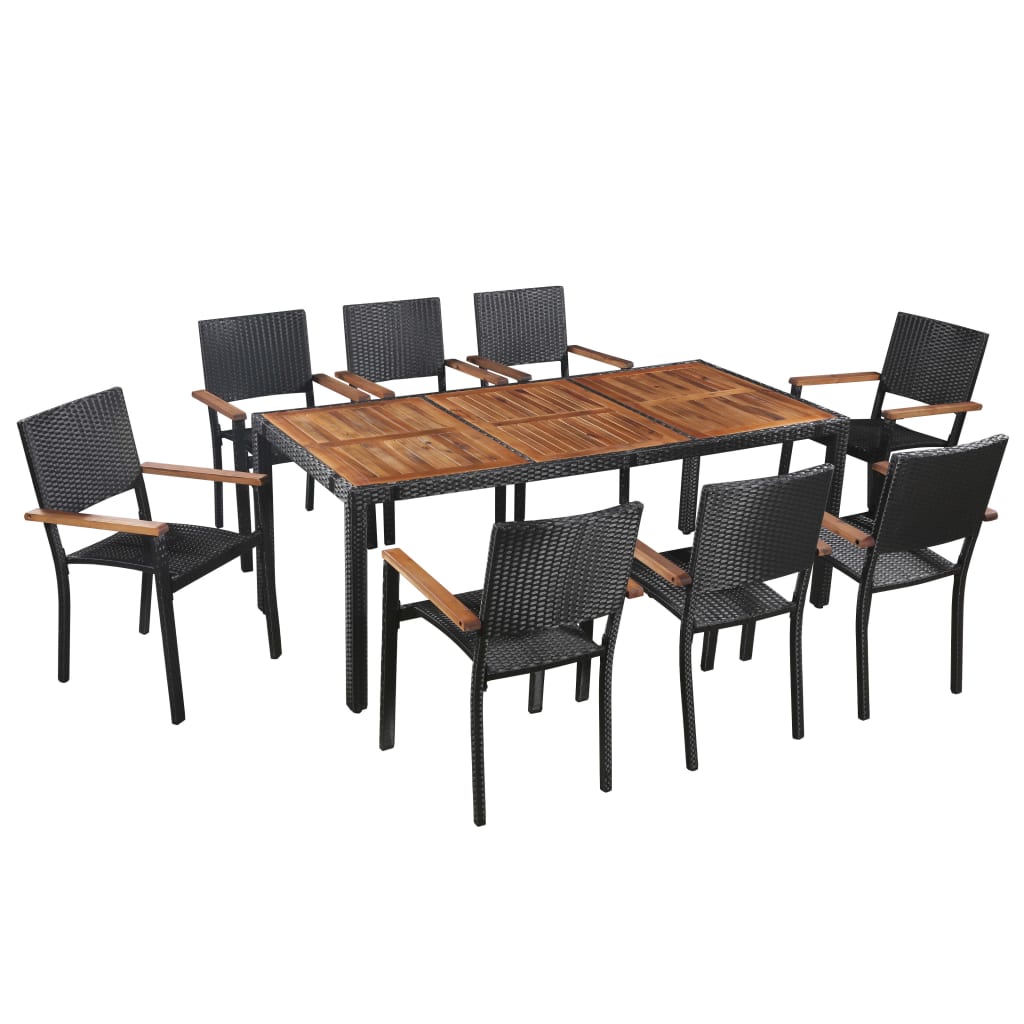 9 Piece Outdoor Dining Set Poly Rattan and Acacia Wood Black - Merkel Designers