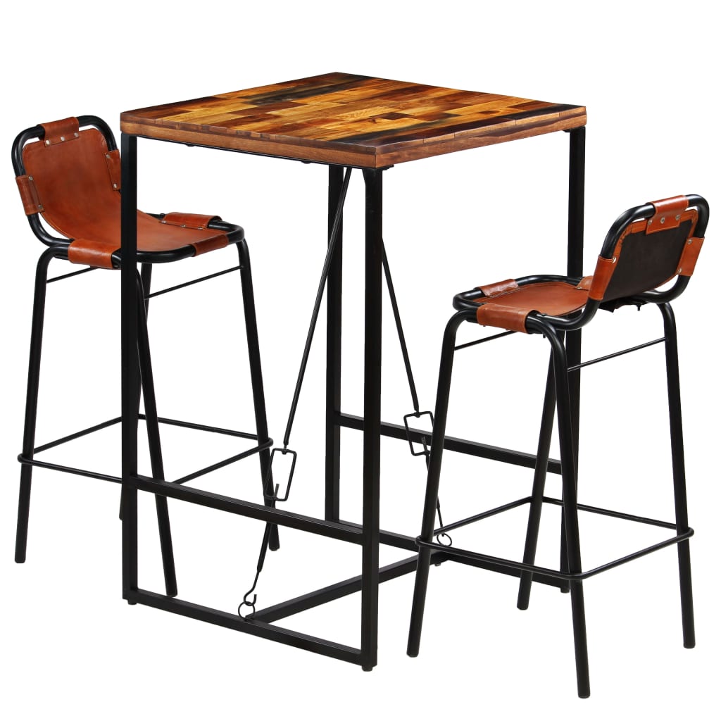 Bar Set 3 Pieces Solid Reclaimed Wood and Genuine Goat Leather - Unbeatable Bargains