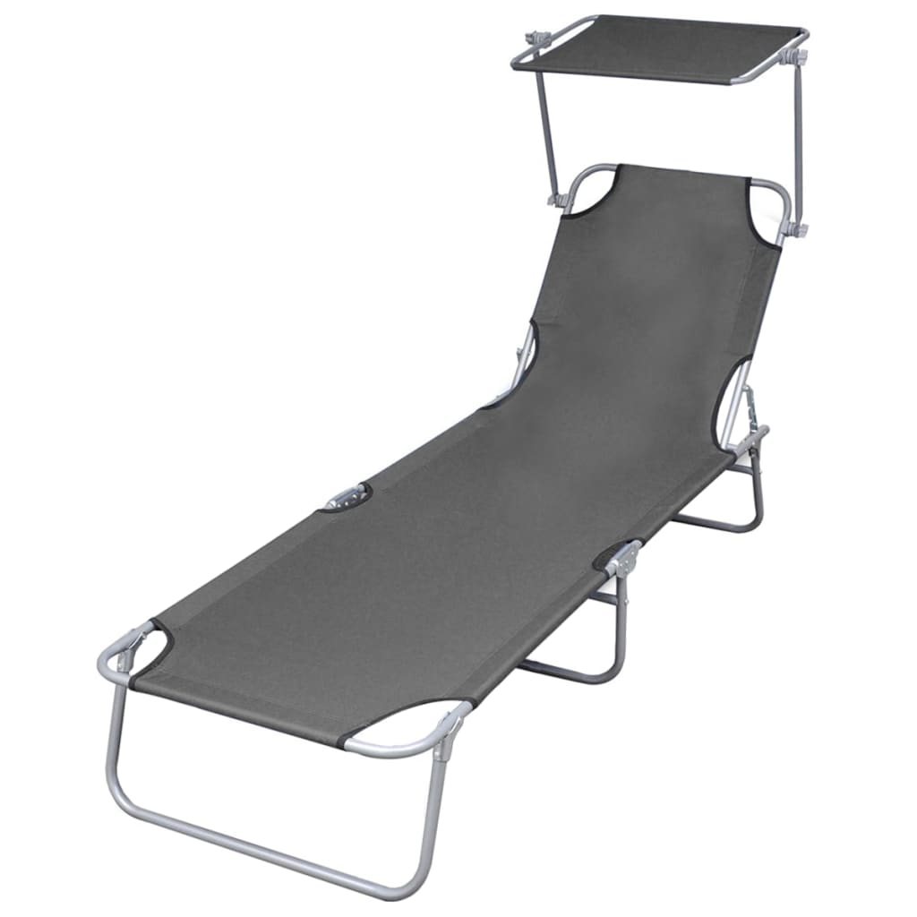 Folding Sun Lounger with Canopy Steel Grey - Discount Dealers