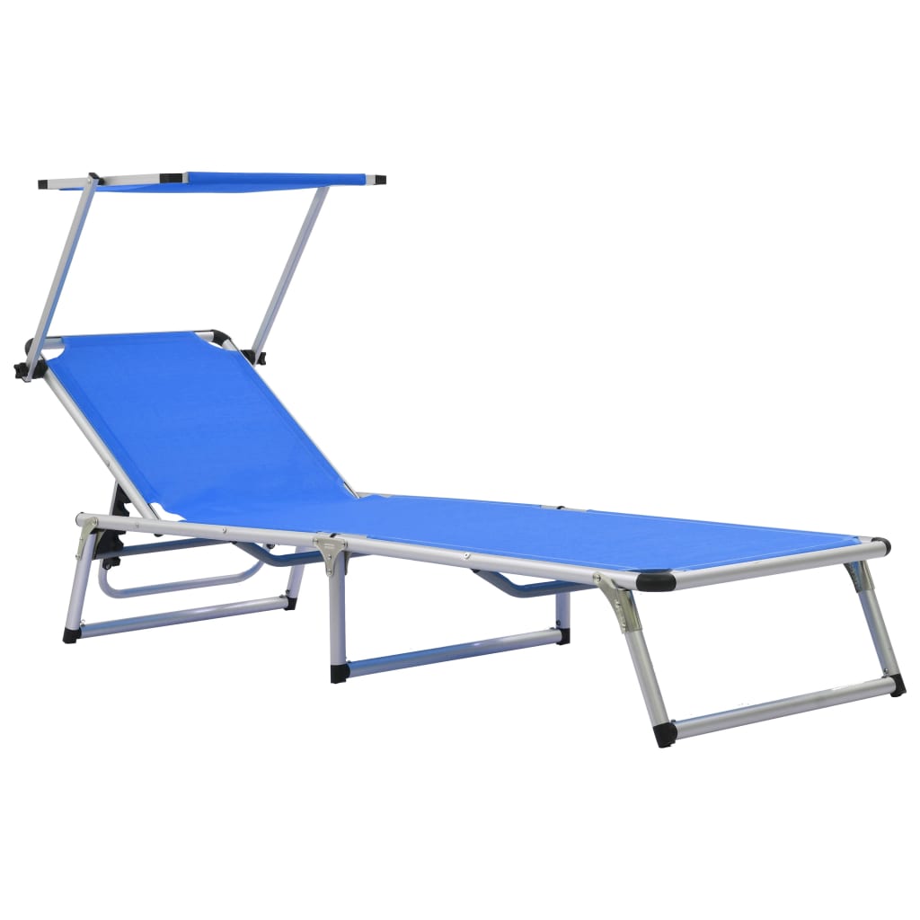 Folding Sun Lounger with Roof Aluminium and Textilene Blue - The Home Maker
