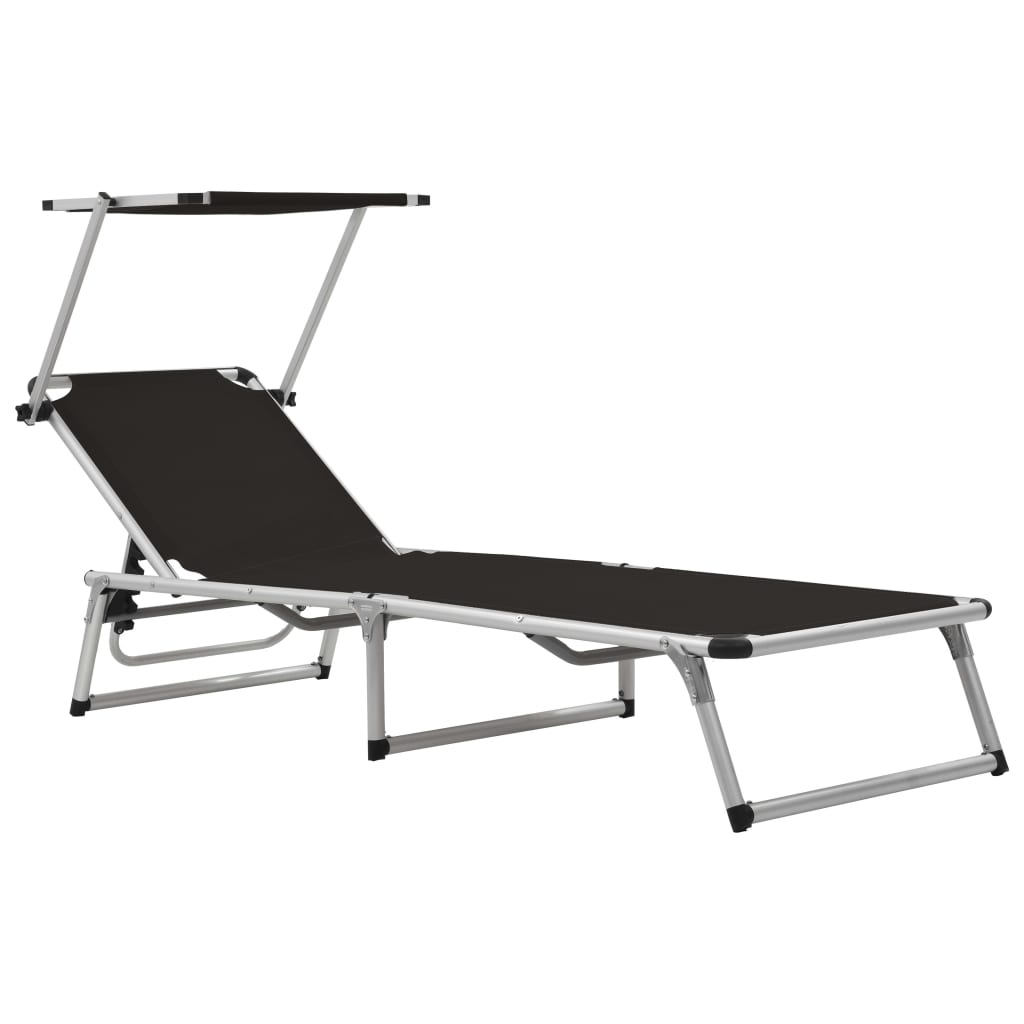 Folding Sun Lounger with Roof Aluminium and Textilene Black - Unbeatable Bargains