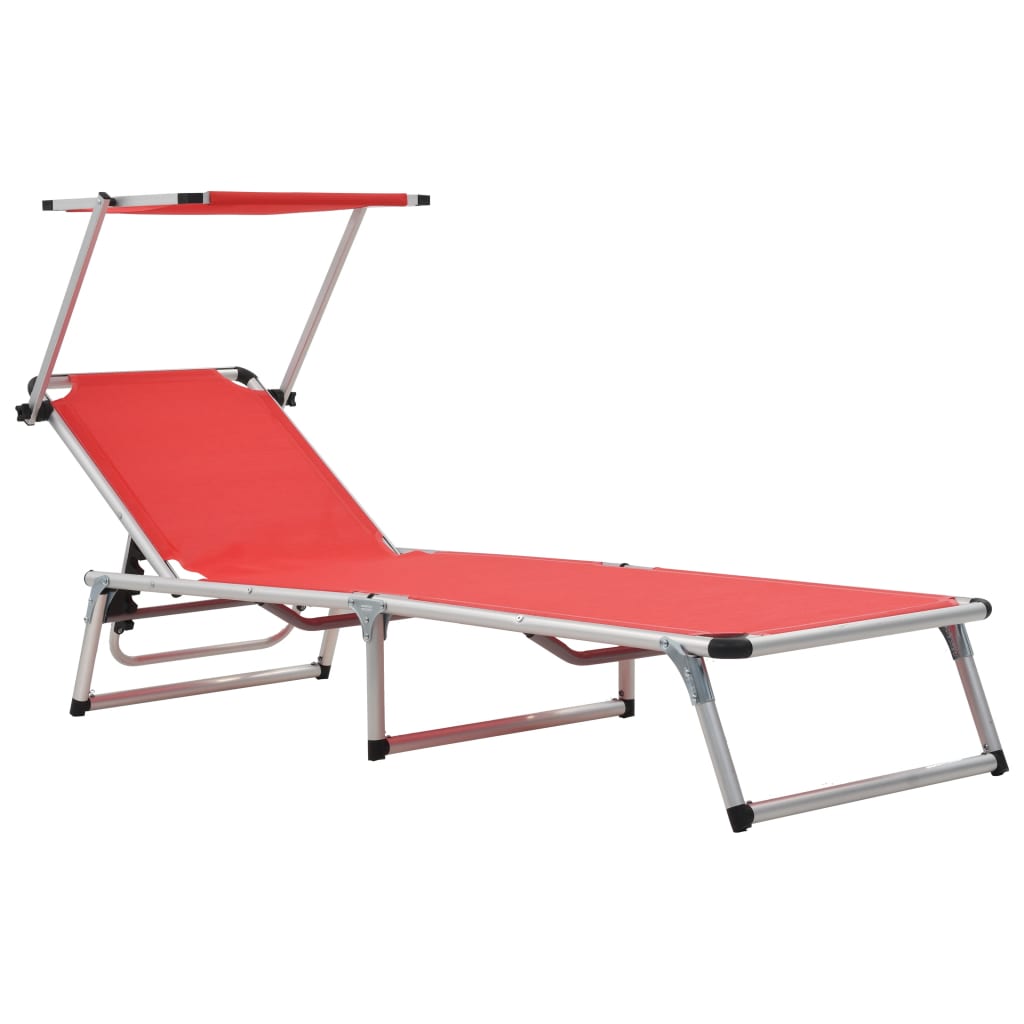 Folding Sun Lounger with Roof Aluminium and Textilene Red - Millennium Furniture