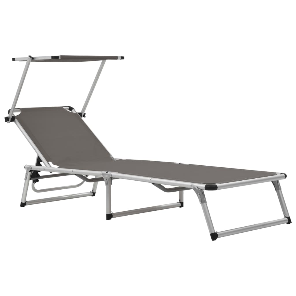 Folding Sun Lounger with Roof Aluminium and Textilene Grey - Design Hut