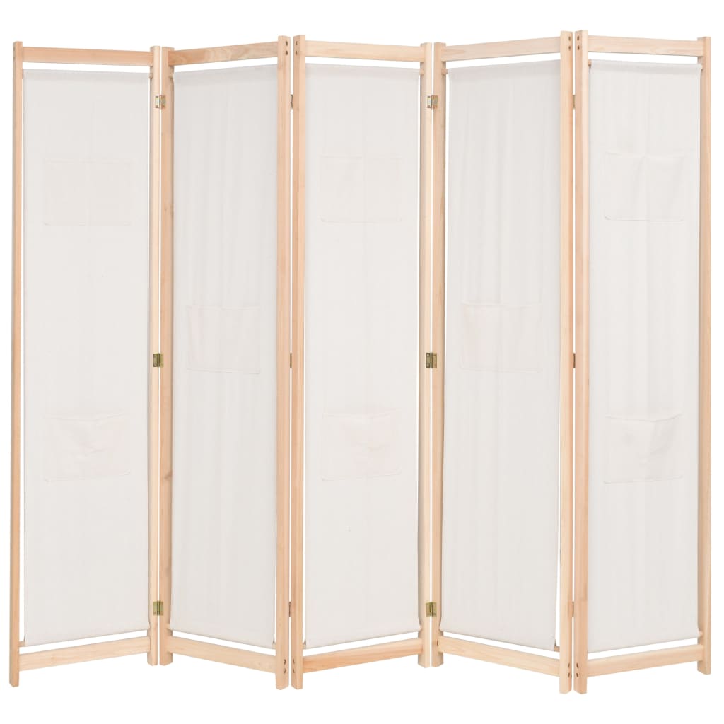 5-Panel Room Divider Cream 200x170x4 cm Fabric - Unbeatable Bargains