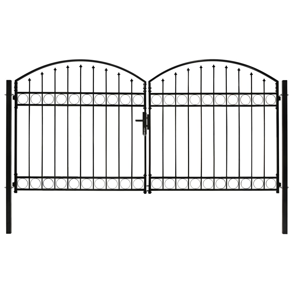 Fence Gate Double Door with Arched Top Steel 300x150 cm Black - Tyrell & Tyrell