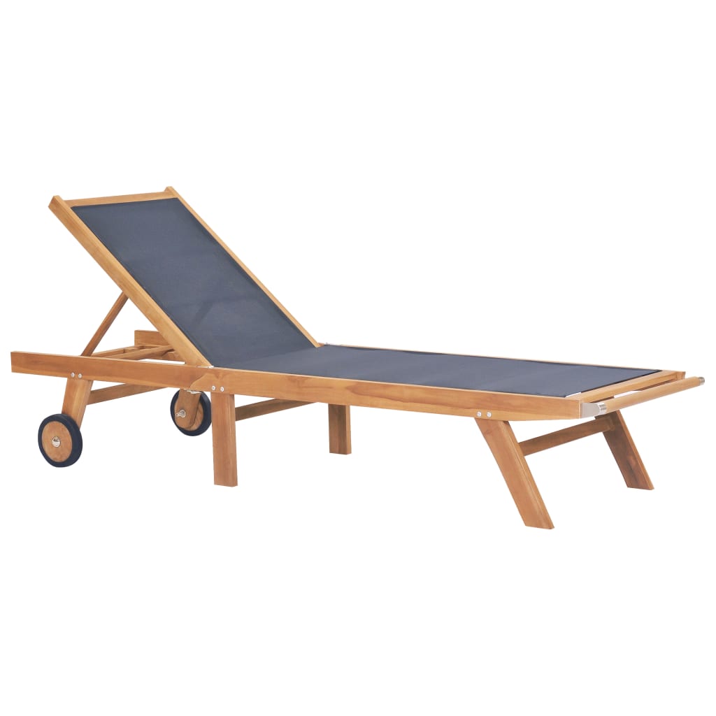 Folding Sun Lounger with Wheels Solid Teak and Textilene - Tyrell & Tyrell