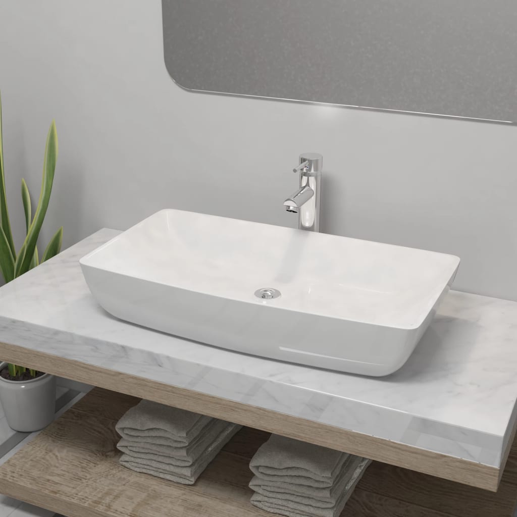 Bathroom Basin with Mixer Tap Ceramic Rectangular White - Brittle & Co