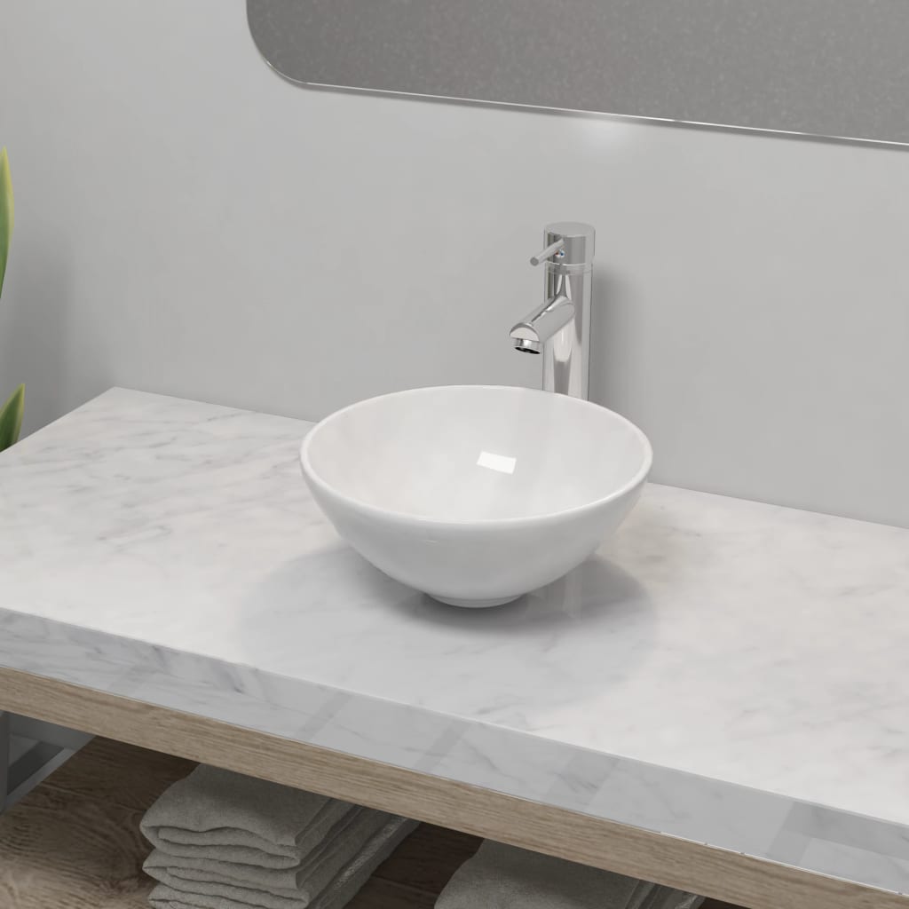 Bathroom Basin with Mixer Tap Ceramic Round White - Style and Chic
