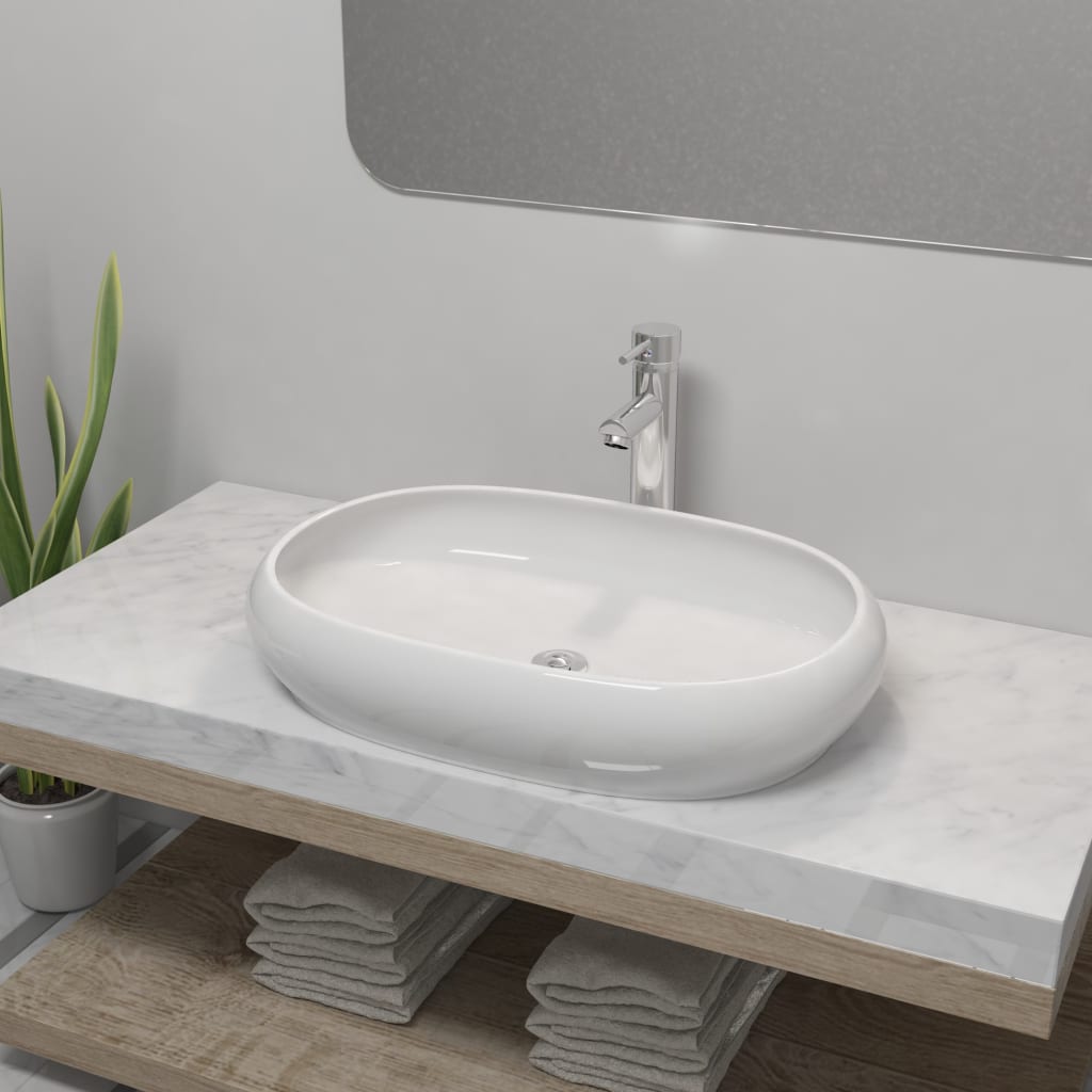 Bathroom Basin with Mixer Tap Ceramic Oval White - Casper Homes