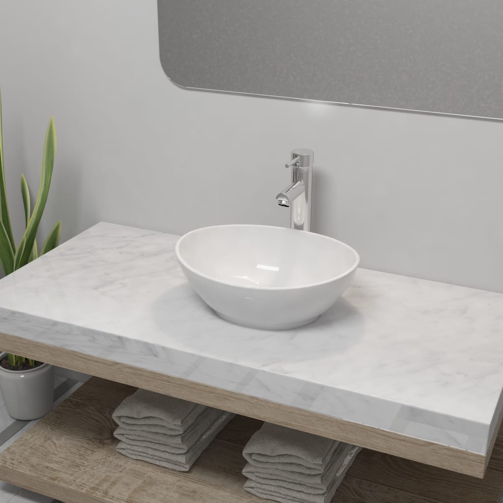 Bathroom Basin with Mixer Tap Ceramic Oval White - Direct Imports