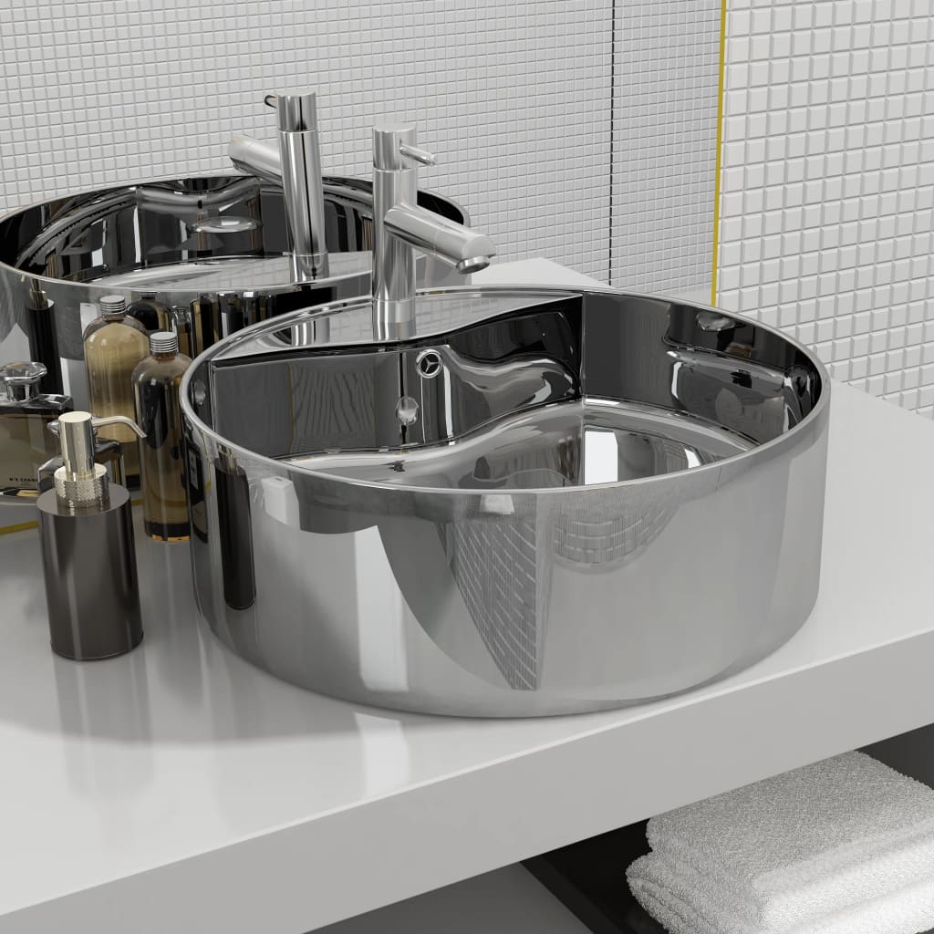 Wash Basin with Overflow 46.5x15.5 cm Ceramic Silver - Decor Base