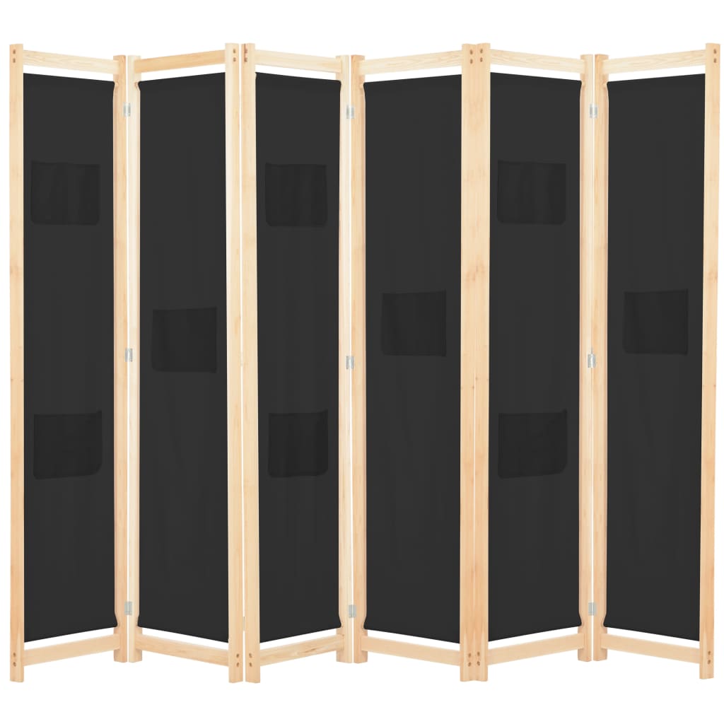 6-Panel Room Divider Black 240x170x4 cm Fabric - Decor Base