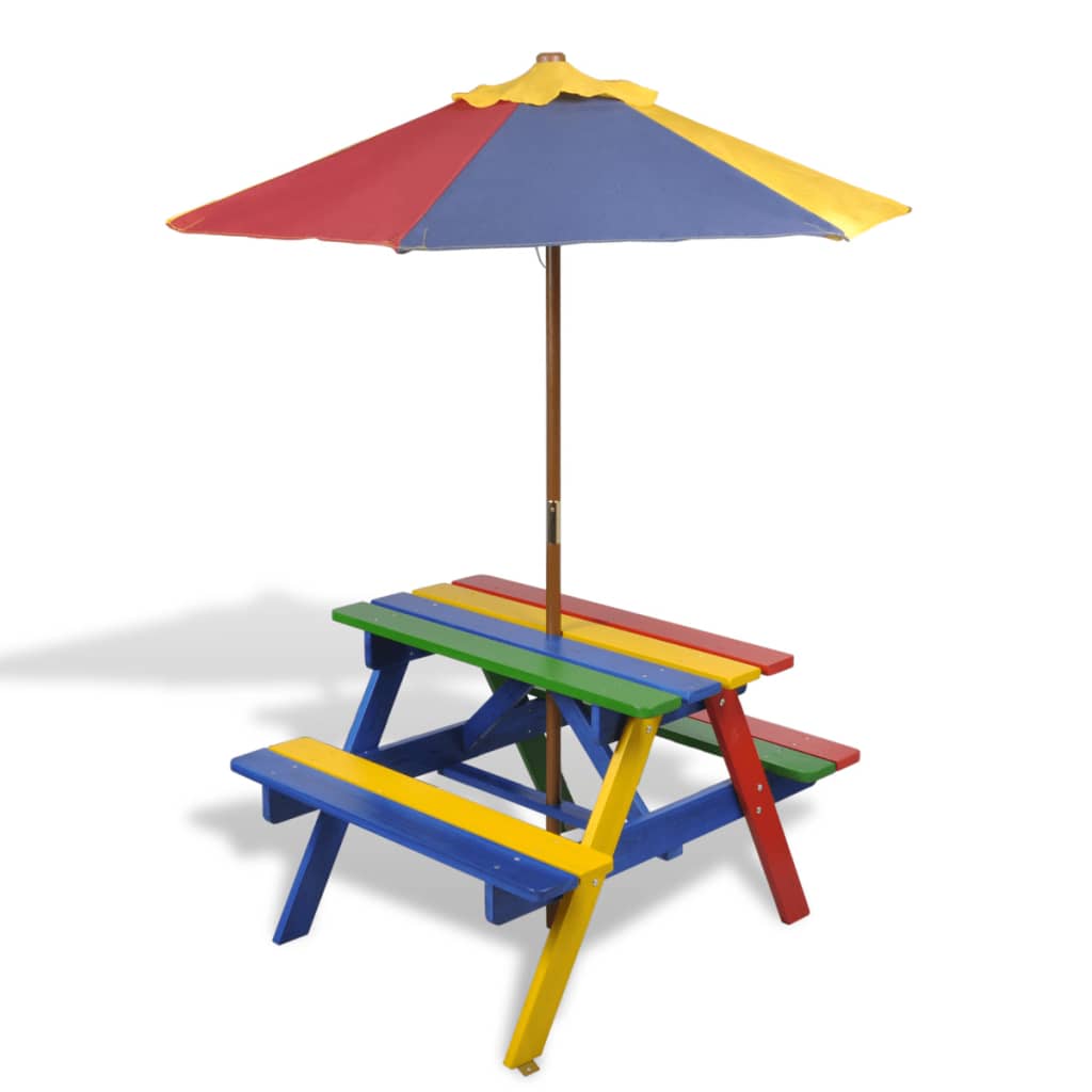 Kids' Picnic Table with Benches and Parasol Multicolour Wood - R and M Furniture