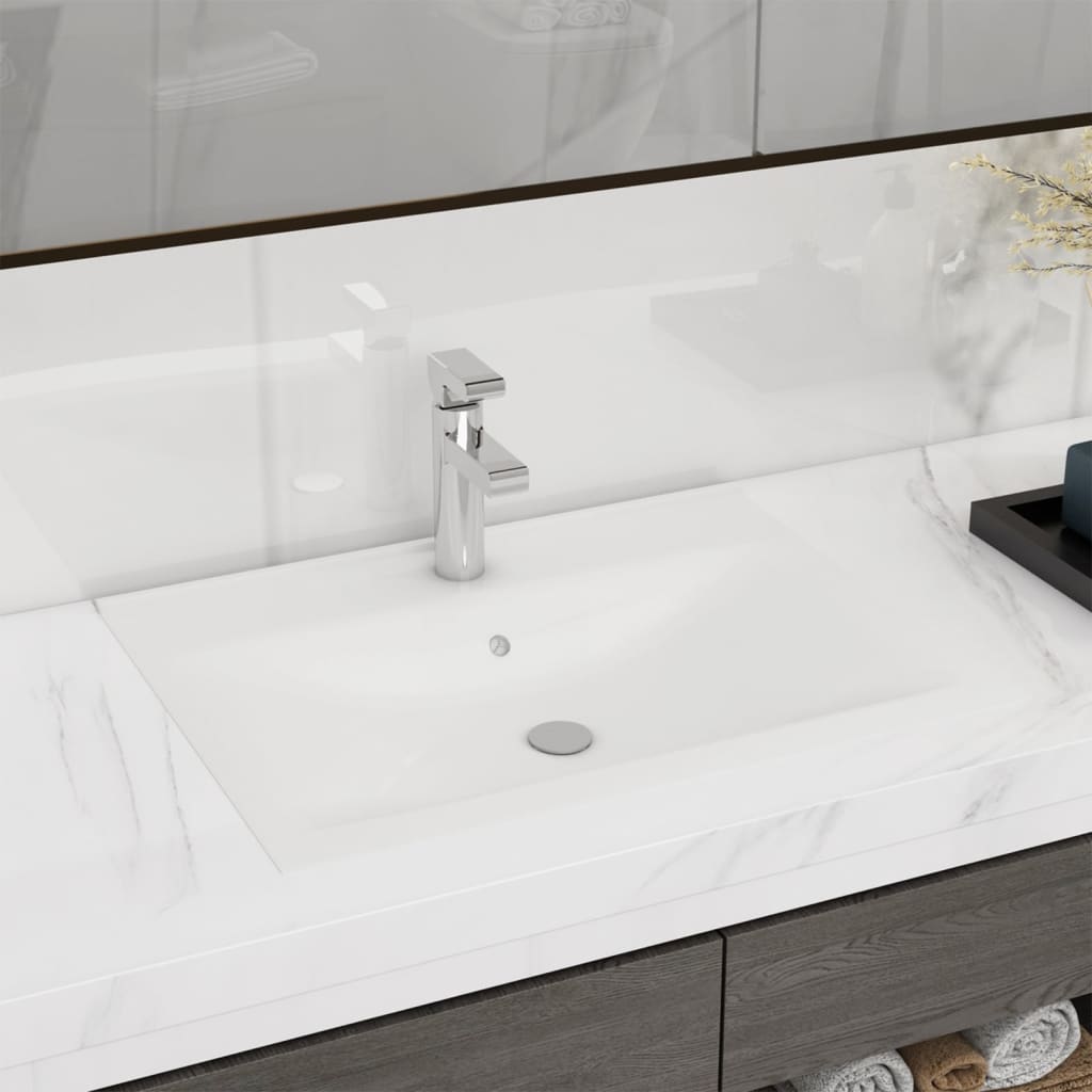 Rectangular Ceramic Basin Sink White with Faucet Hole 60x46 cm - Decor Base