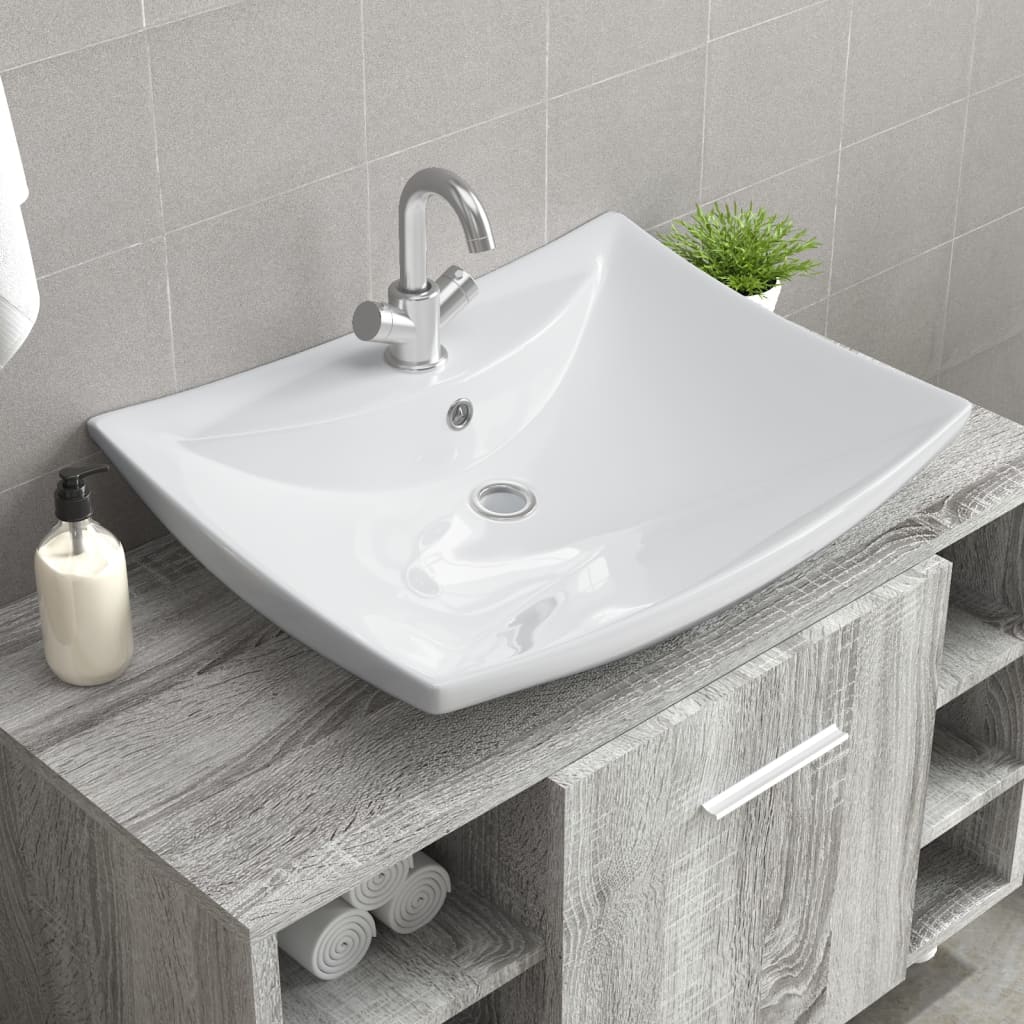 Luxury Ceramic Basin Rectangular with Overflow & Faucet Hole - Discount Dealers