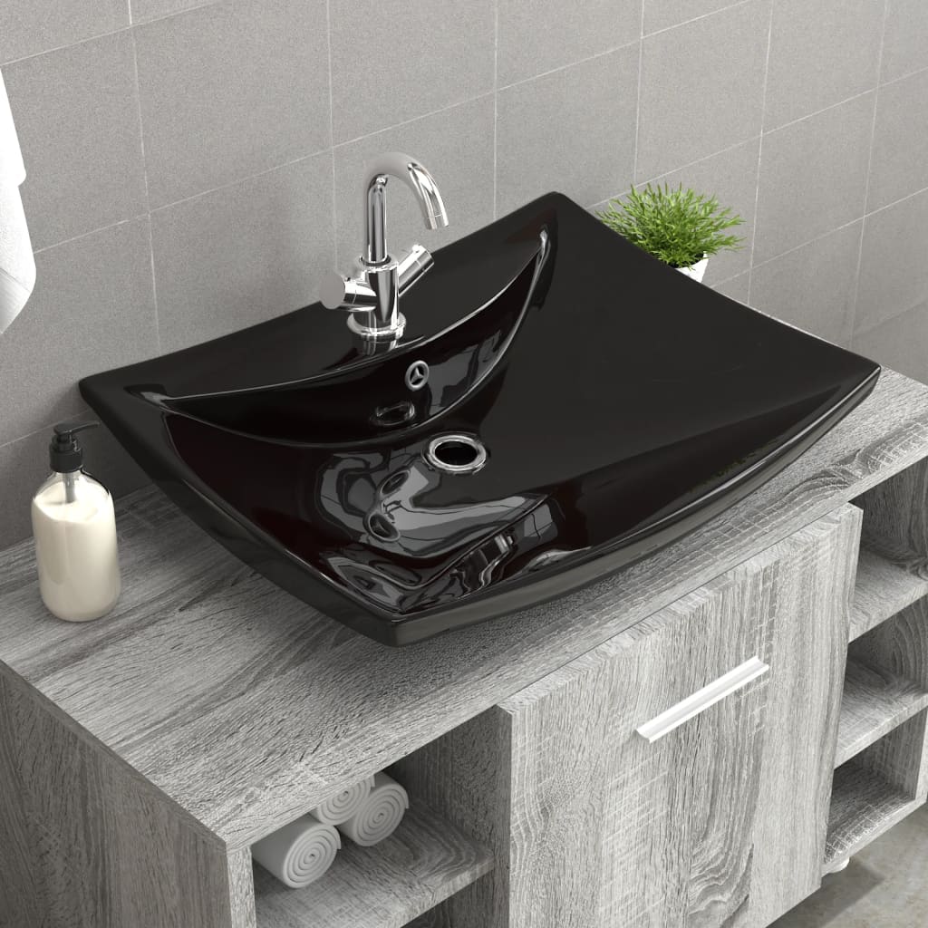 Black Luxury Ceramic Basin Rectangular with Overflow & Faucet Hole - All Things Good