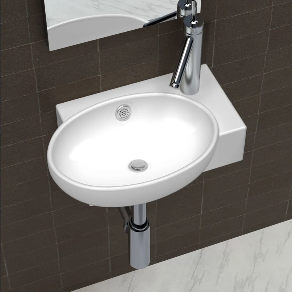 Ceramic Sink Basin Faucet & Overflow Hole Bathroom White - Sid & Sam