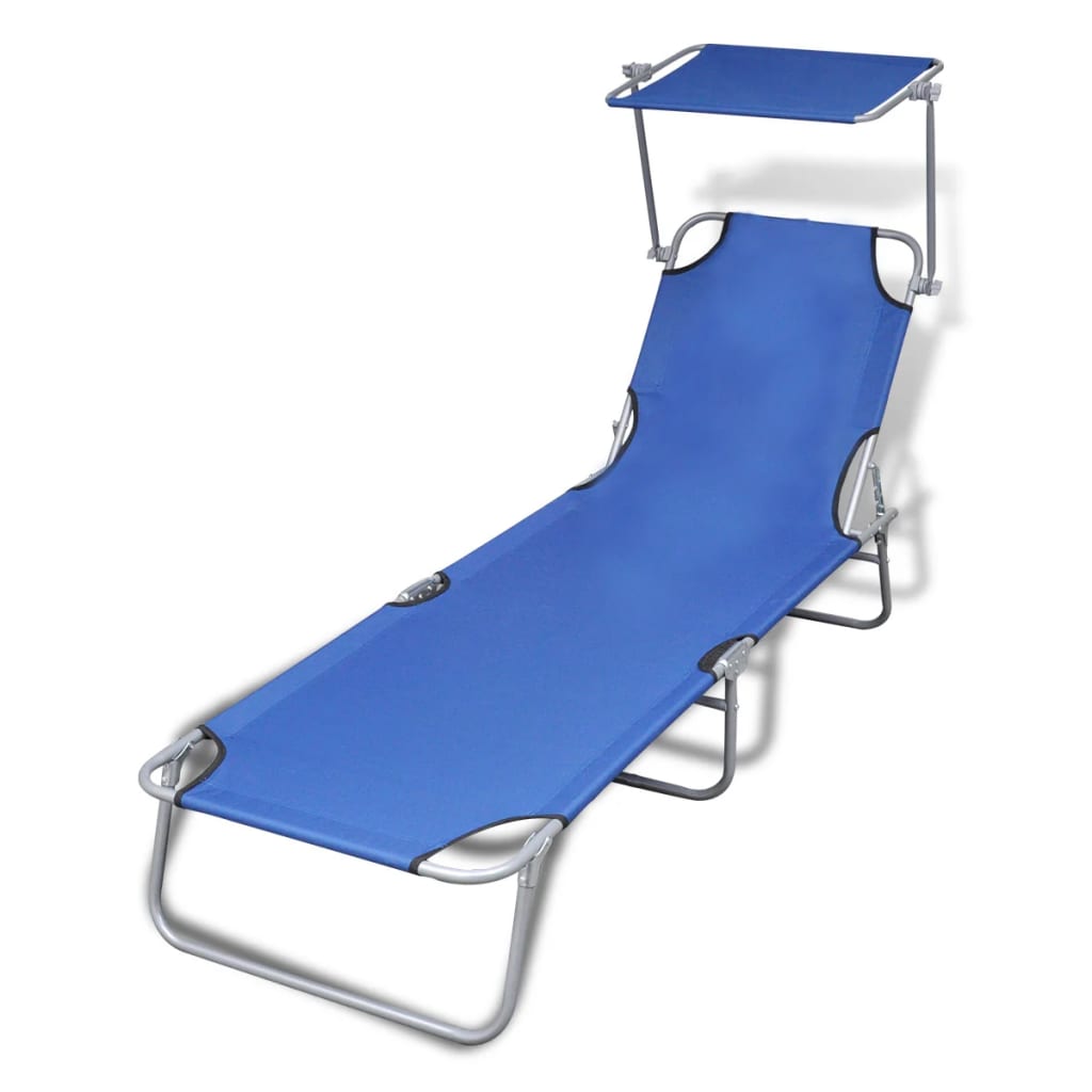 Folding Sun Lounger with Canopy Steel and Fabric Blue - Discount Dealers
