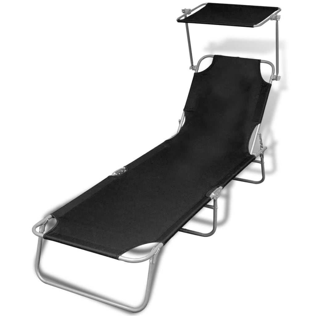 Folding Sun Lounger with Canopy Steel and Fabric Black - All Things Good