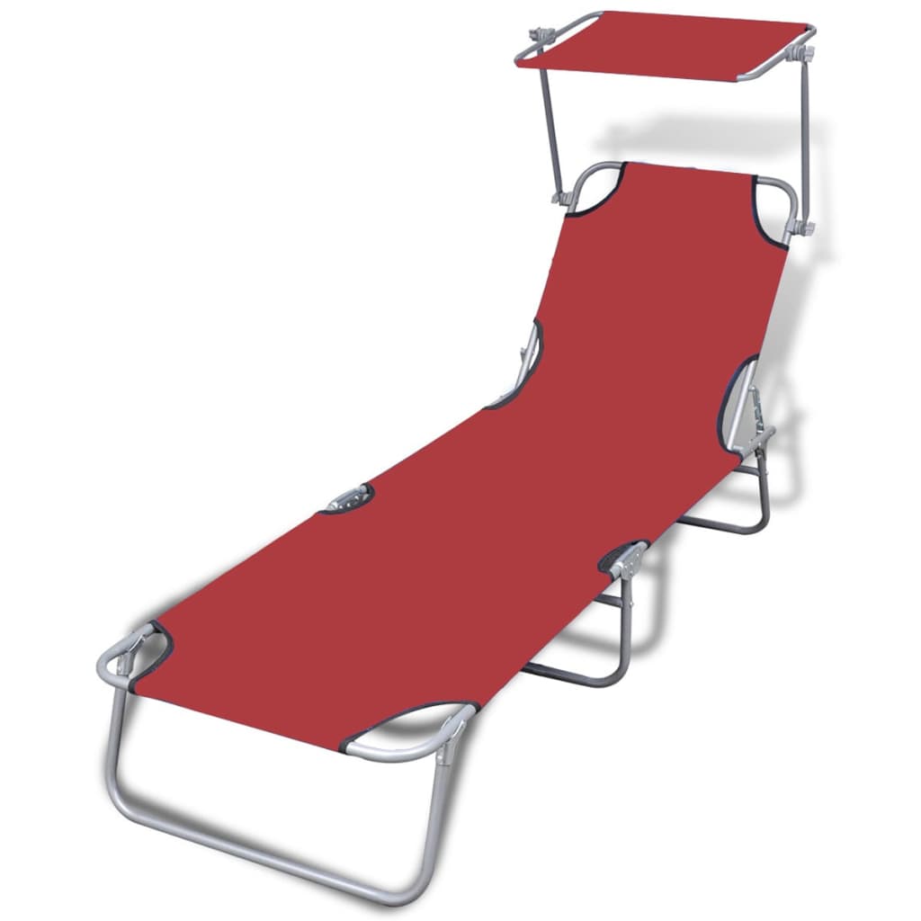 Folding Sun Lounger with Canopy Steel and Fabric Red - The Home Maker