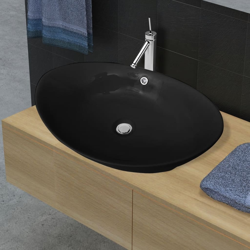 Black Luxury Ceramic Basin Oval with Overflow 59 x 38,5 cm - All Things Good