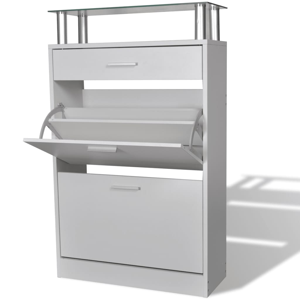 Shoe Cabinet with a Drawer and a Top Glass Shelf Wood White - Style and Chic