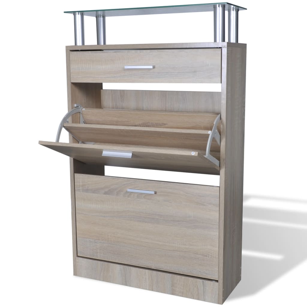 Shoe Cabinet with a Drawer and a Top Glass Shelf Wood Oak Look - Direct Imports
