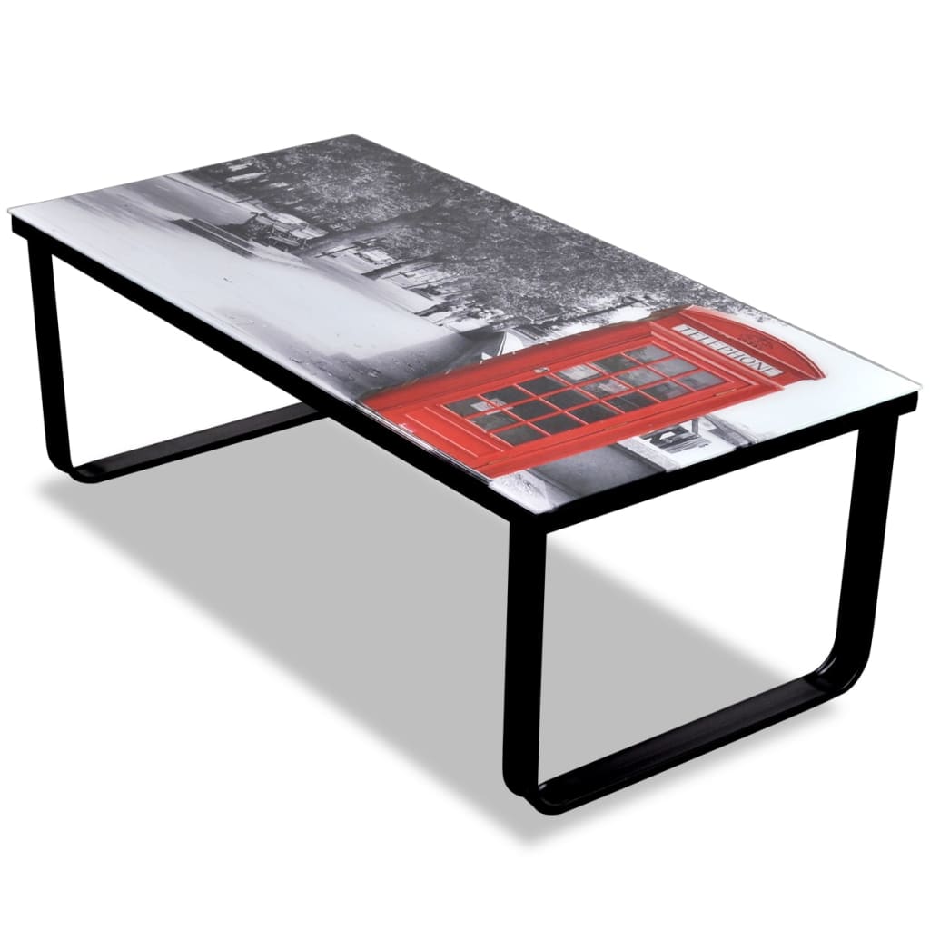 Coffee Table with Telephone Booth Printing Glass Top - All Things Good
