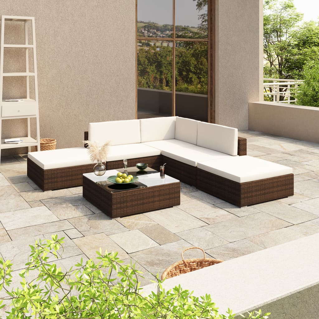 6 Piece Garden Lounge Set with Cushions Poly Rattan Brown - Sid & Sam