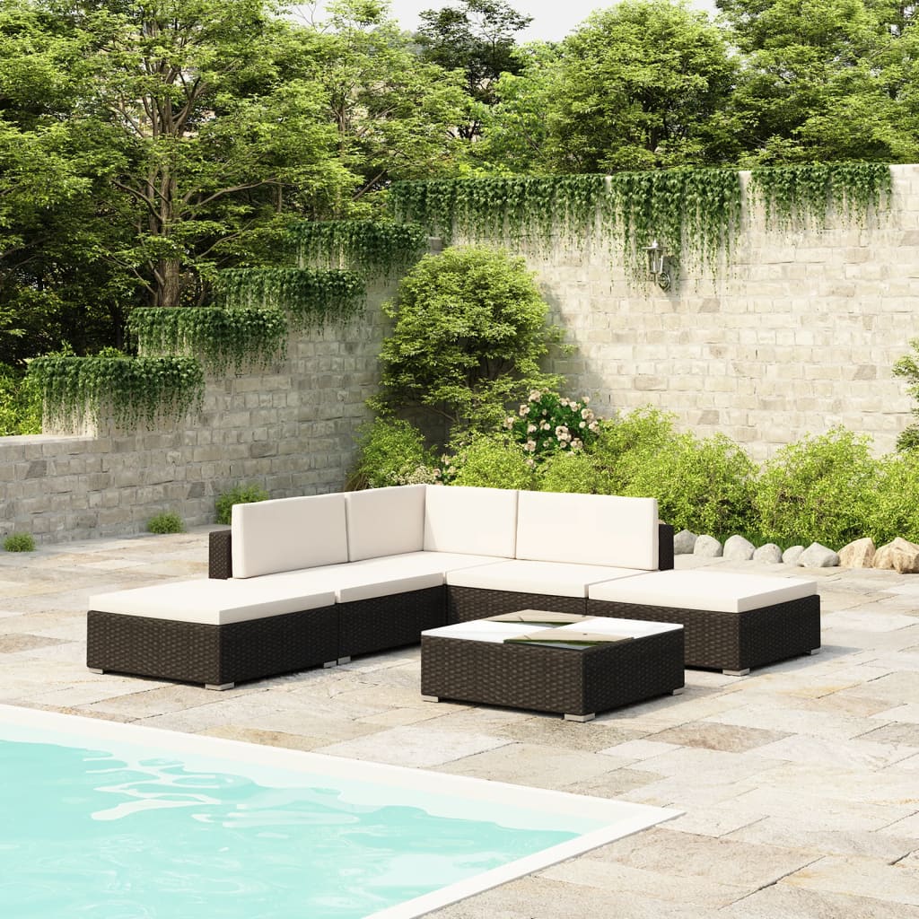 6 Piece Garden Lounge Set with Cushions Poly Rattan Black - The Home Maker