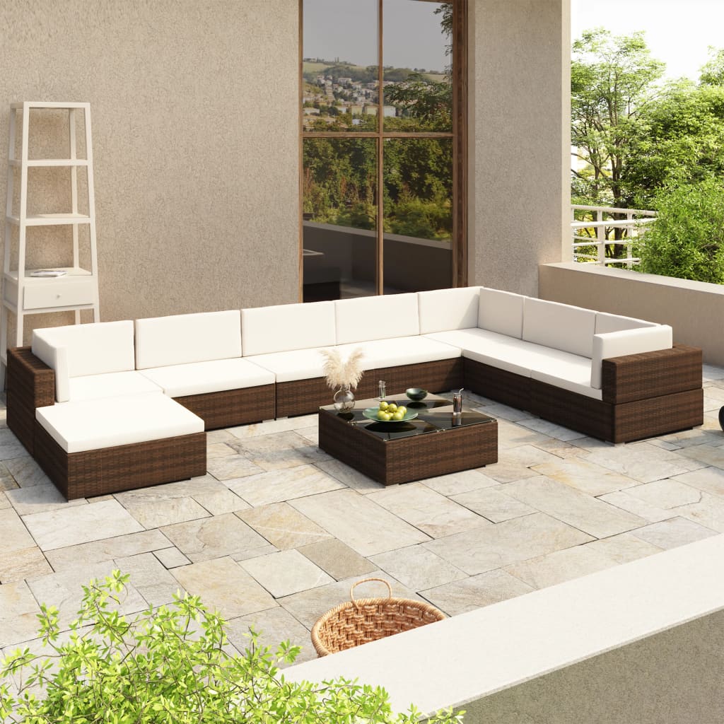 8 Piece Garden Lounge Set with Cushions Poly Rattan Brown - Charlotte Dunes