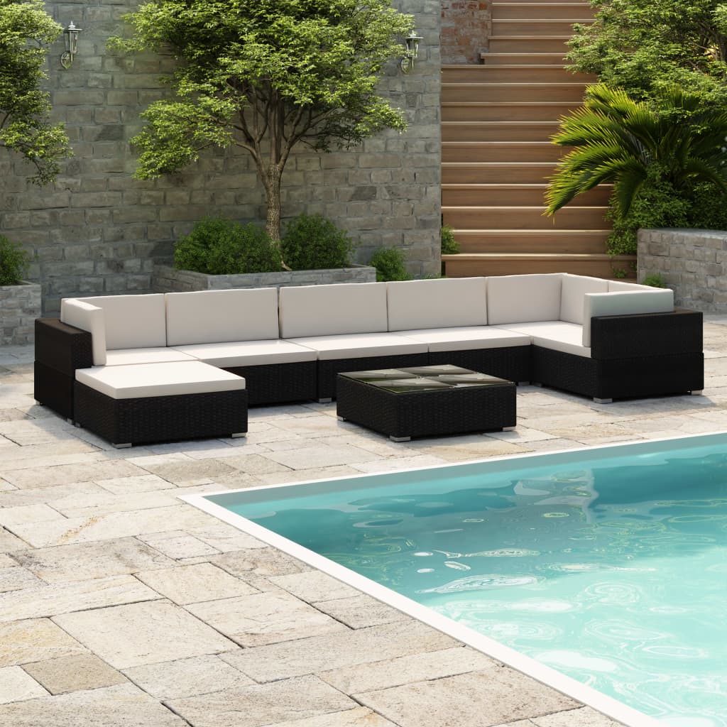 8 Piece Garden Lounge Set with Cushions Poly Rattan Black - Casper Homes