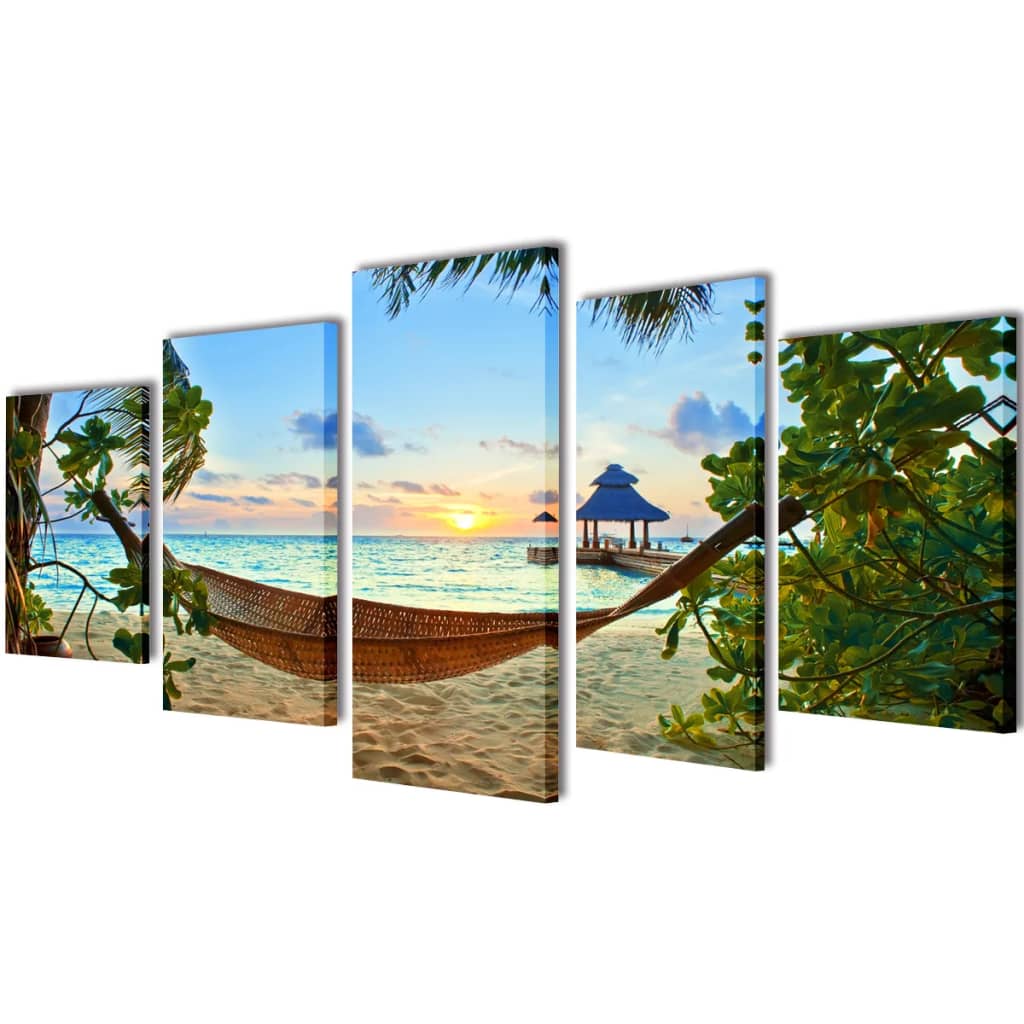 Canvas Wall Print Set Sand Beach with Hammock 200 x 100 cm - Design Hut