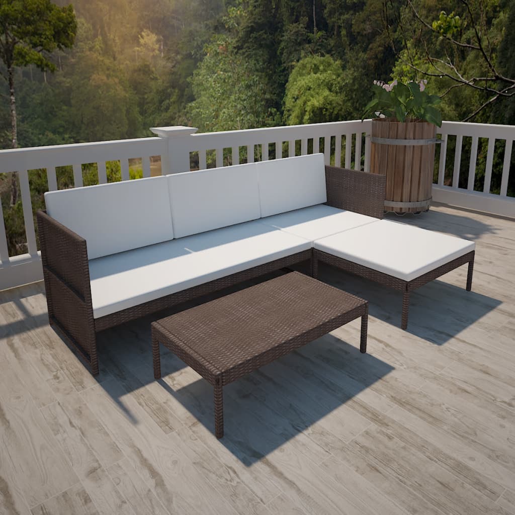 3 Piece Garden Lounge Set with Cushions Poly Rattan Brown - Sid & Sam