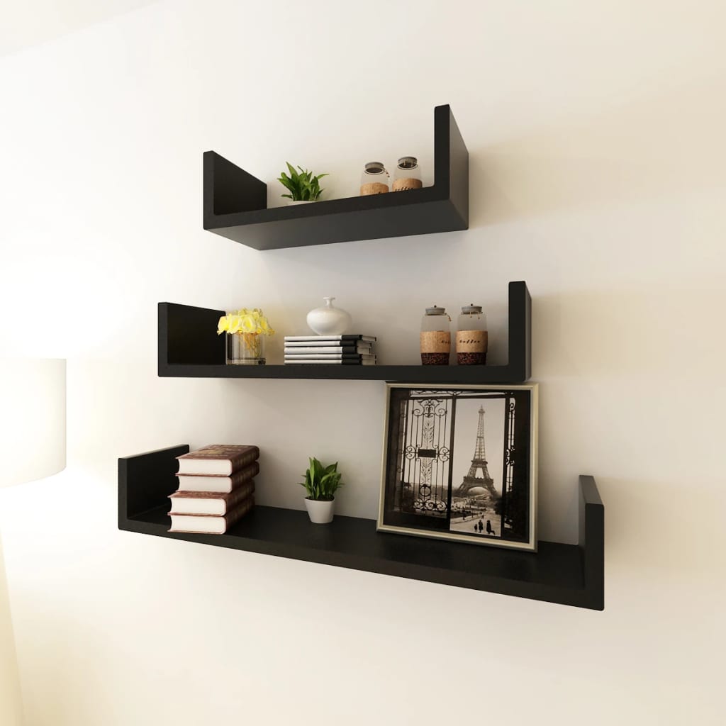 3 Black MDF U-shaped Floating Wall Display Shelves Book/DVD Storage - All Things Good
