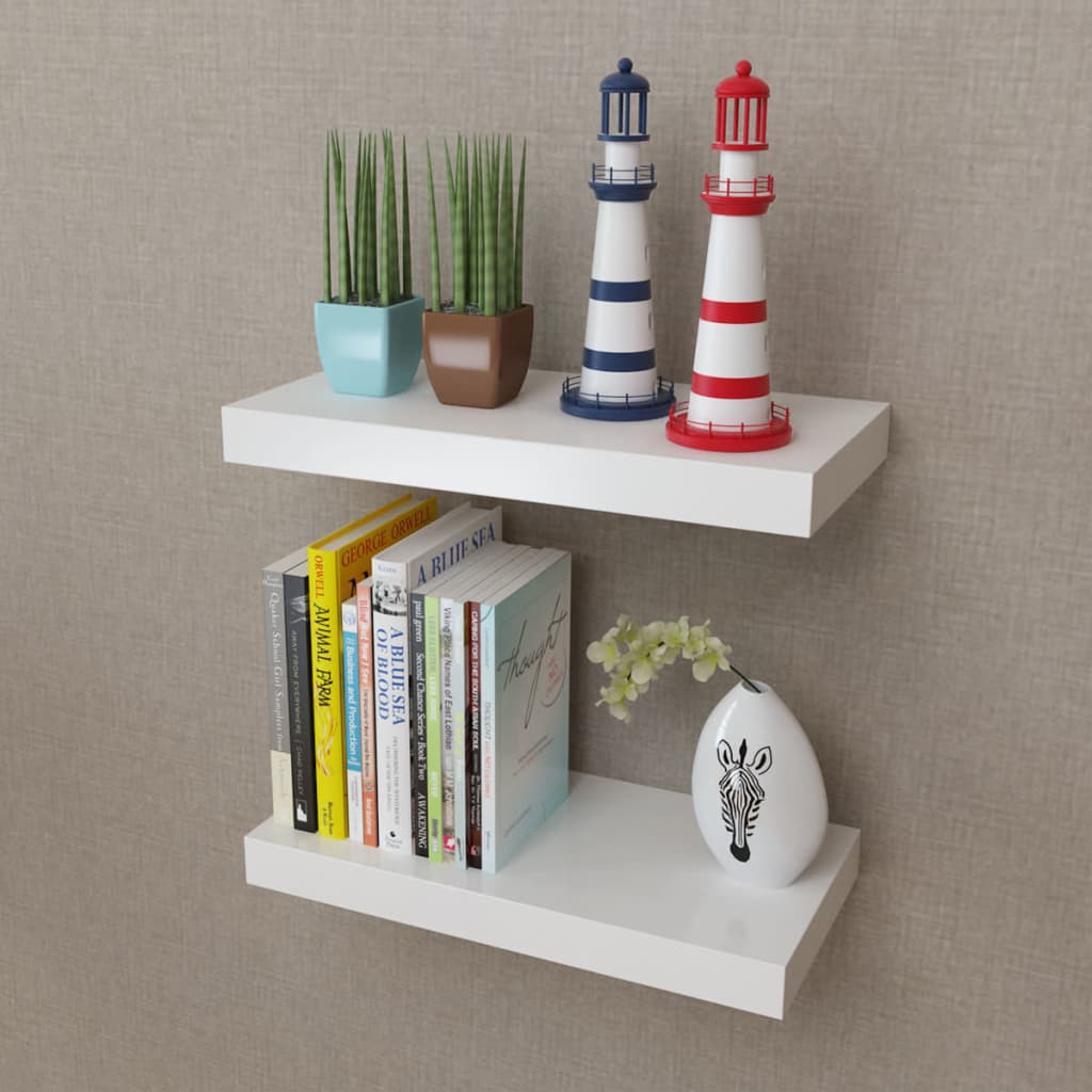 2 White MDF Floating Wall Display Shelves Book/DVD Storage - All Things Good