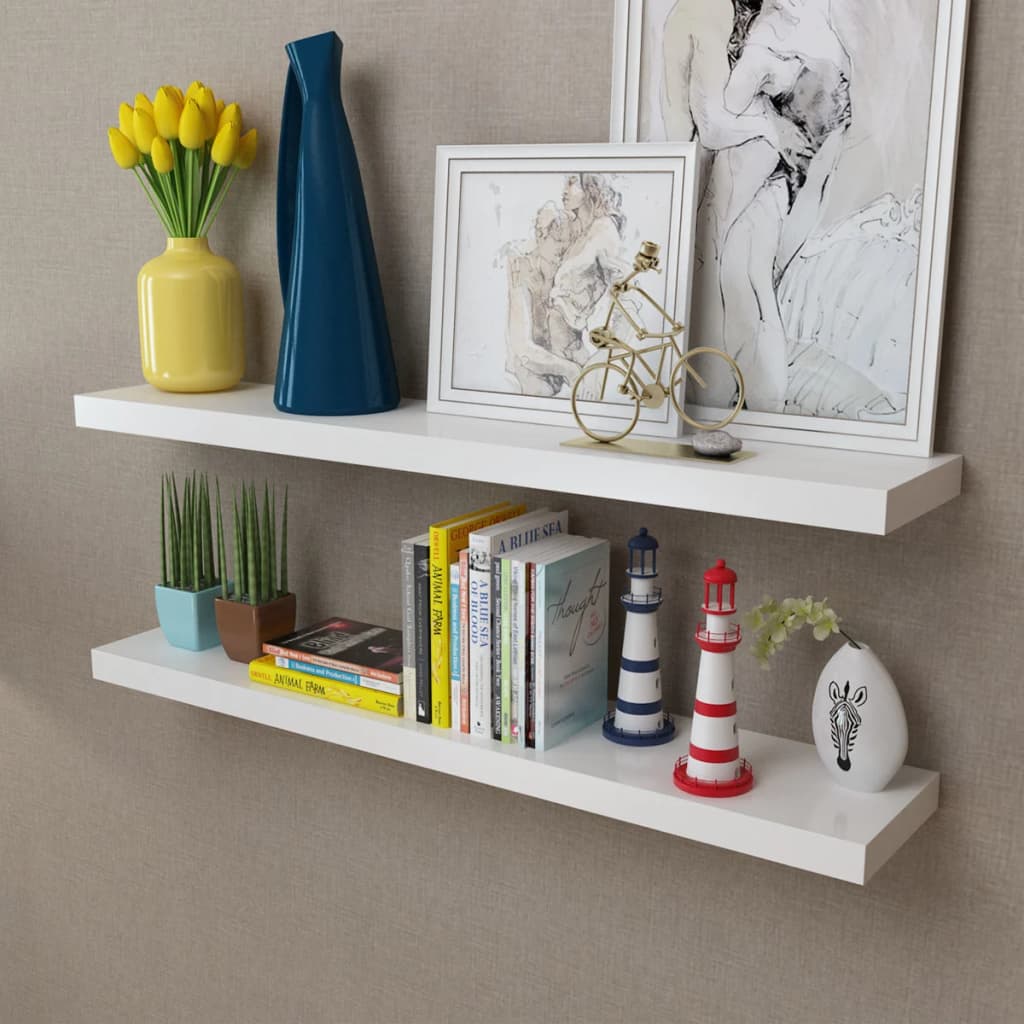2 White MDF Floating Wall Display Shelves Book/DVD Storage - Merkel Designers