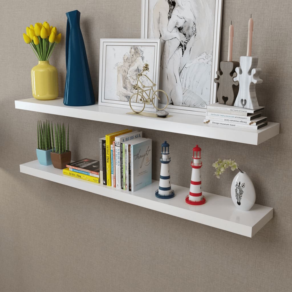 2 White MDF Floating Wall Display Shelves Book/DVD Storage - Tyrell & Tyrell
