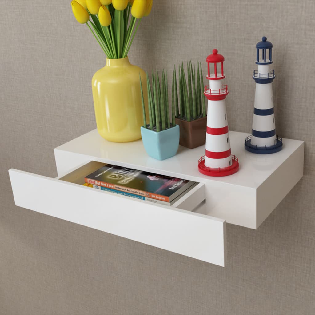 White MDF Floating Wall Display Shelf 1 Drawer Book/DVD Storage - Sid & Sam