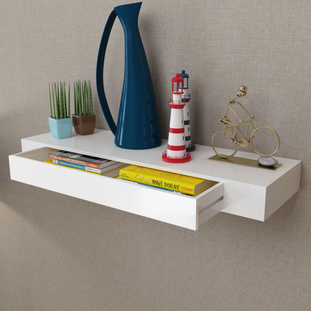 White MDF Floating Wall Display Shelf 1 Drawer Book/DVD Storage - Style and Chic