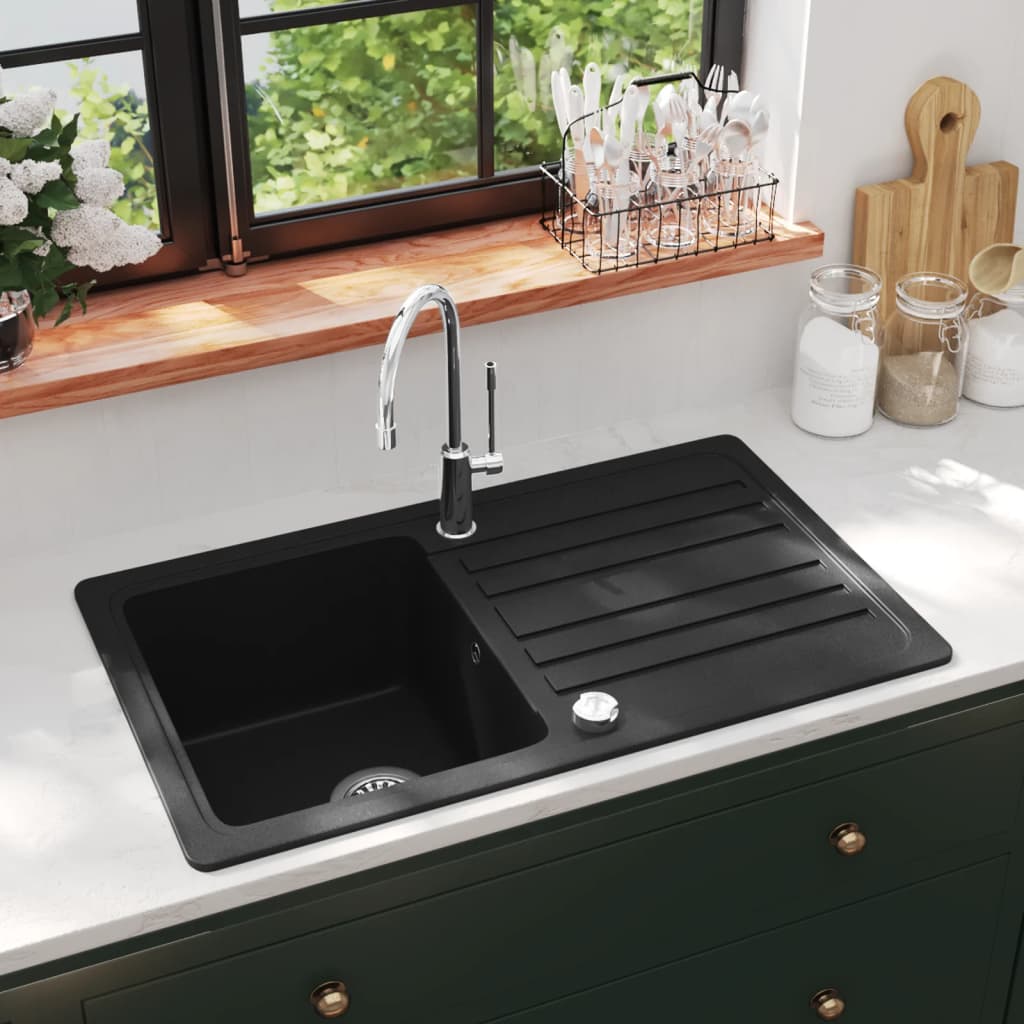 Granite Kitchen Sink Single Basin with Drainer Reversible Black - Merkel Designers