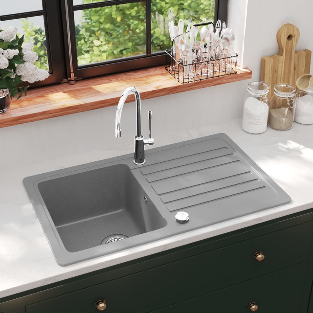 Granite Kitchen Sink Single Basin with Drainer Reversible Grey - Discount Dealers