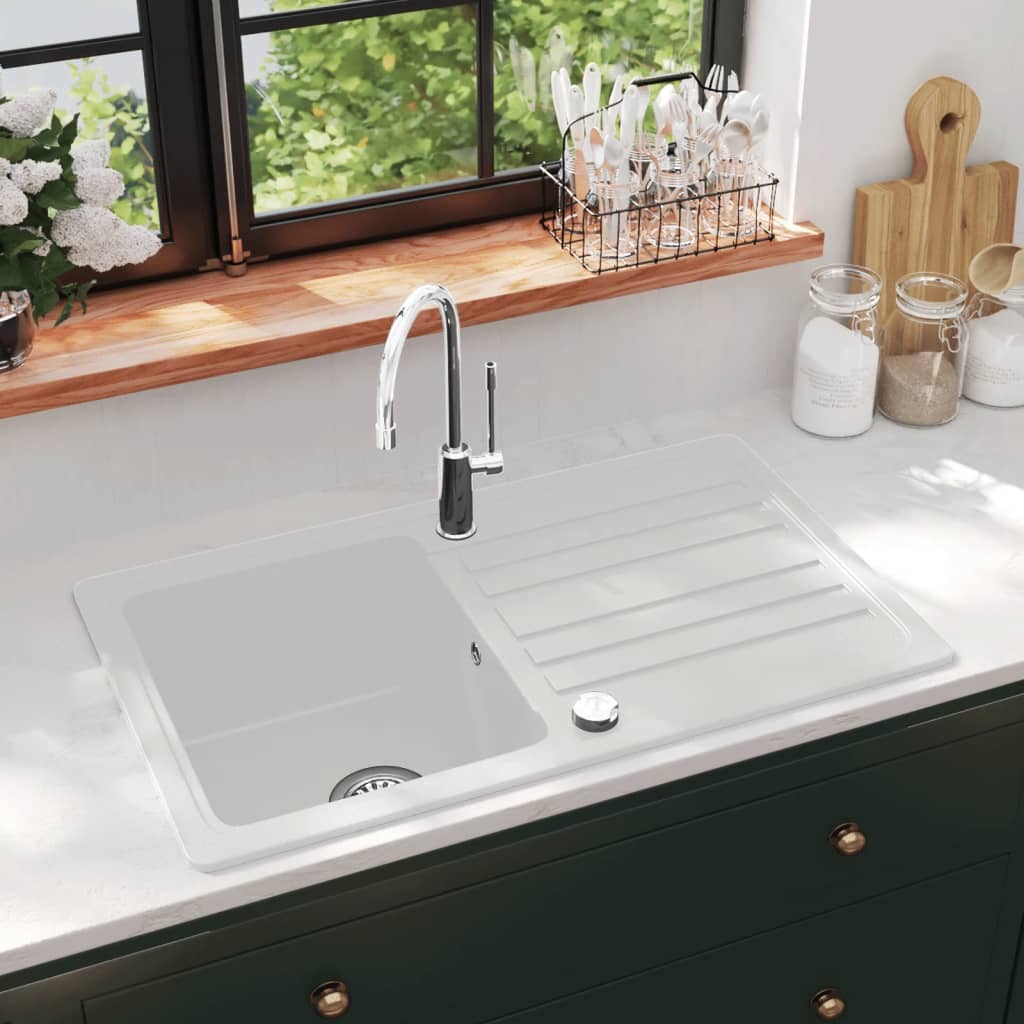 Granite Kitchen Sink Single Basin with Drainer Reversible Cream White - All Things Good